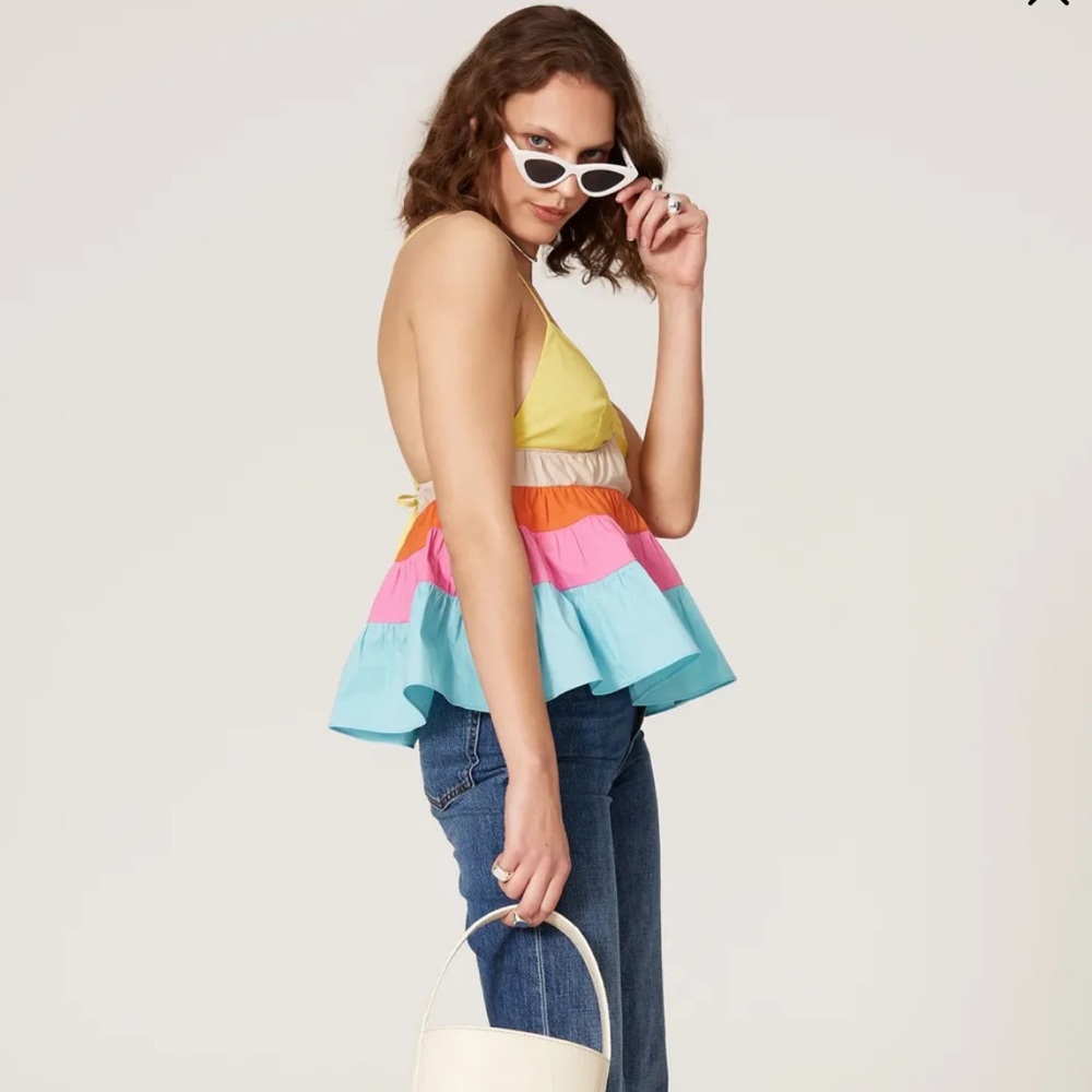Staud Olympia Colorblock Spaghetti Strap Flowy Tank Top Multi Baby Blue Pink szM - Picture 2 of 14